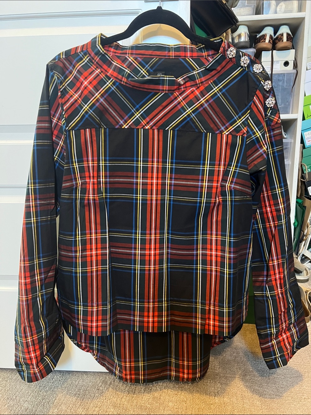 J. Crew Red, Black and Blue Plaid Long-Sleeve Blouse with Jewel Buttons